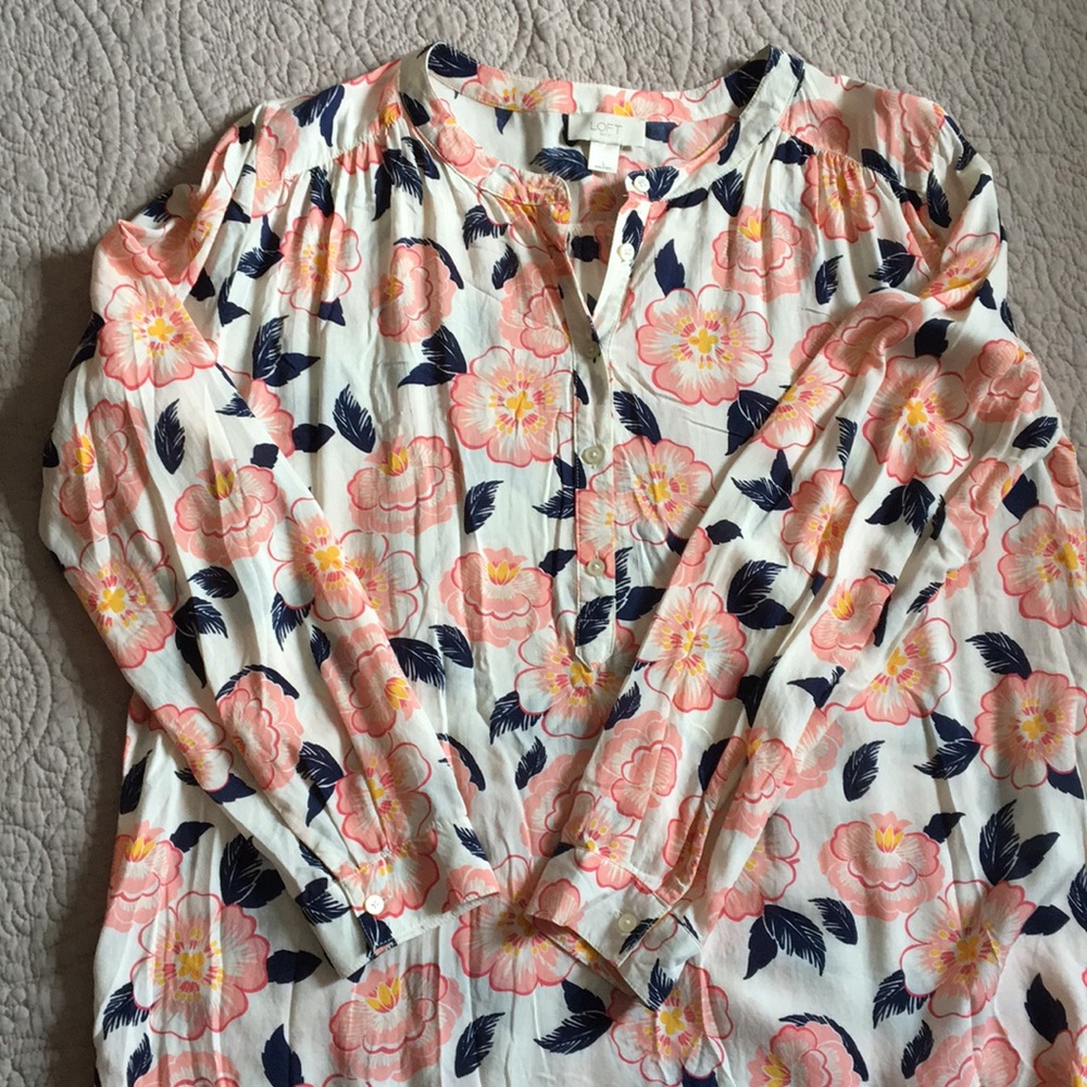 Loft Large Floral Shirt Blouse Hibiscus Longsleeve